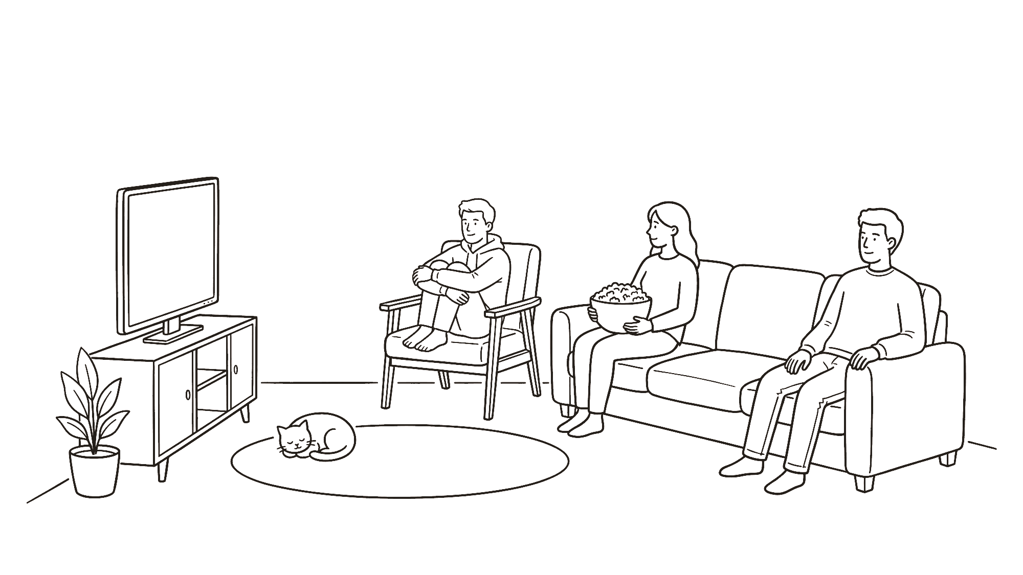 Three flatmates watching a film, one sofa seat still empty